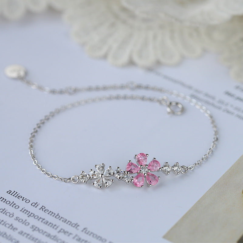 S925 Sterling Silver Pink & White Flower Cubic Zirconia Bracelet