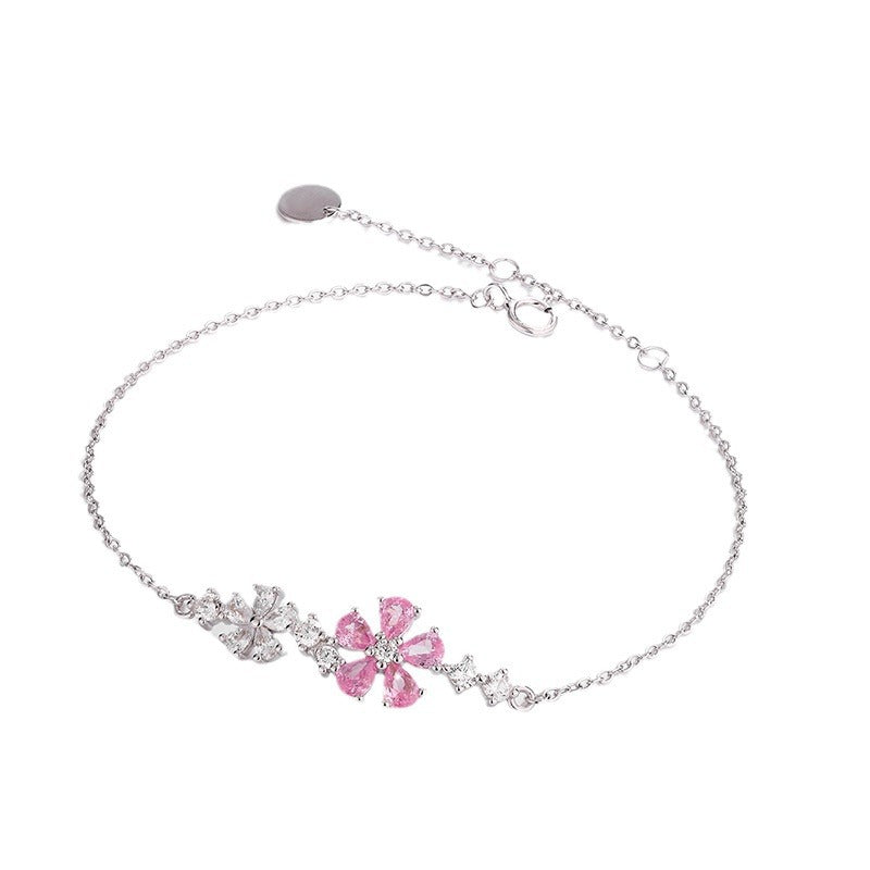 S925 Sterling Silver Pink & White Flower Cubic Zirconia Bracelet
