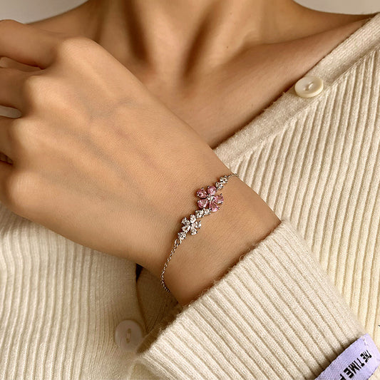 S925 Sterling Silver Pink & White Flower Cubic Zirconia Bracelet