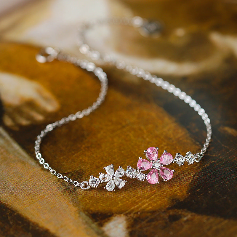 S925 Sterling Silver Pink & White Flower Cubic Zirconia Bracelet