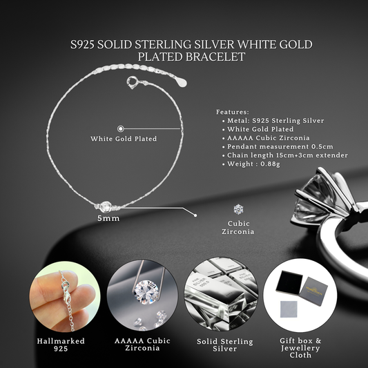 Sterling Silver Sparkling 5mm Solitaire Bracelet Adjustable S925 Hallmark