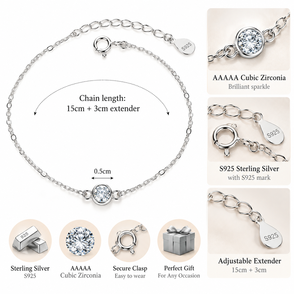 Sterling Silver Sparkling 5mm Solitaire Bracelet Adjustable S925 Hallmark