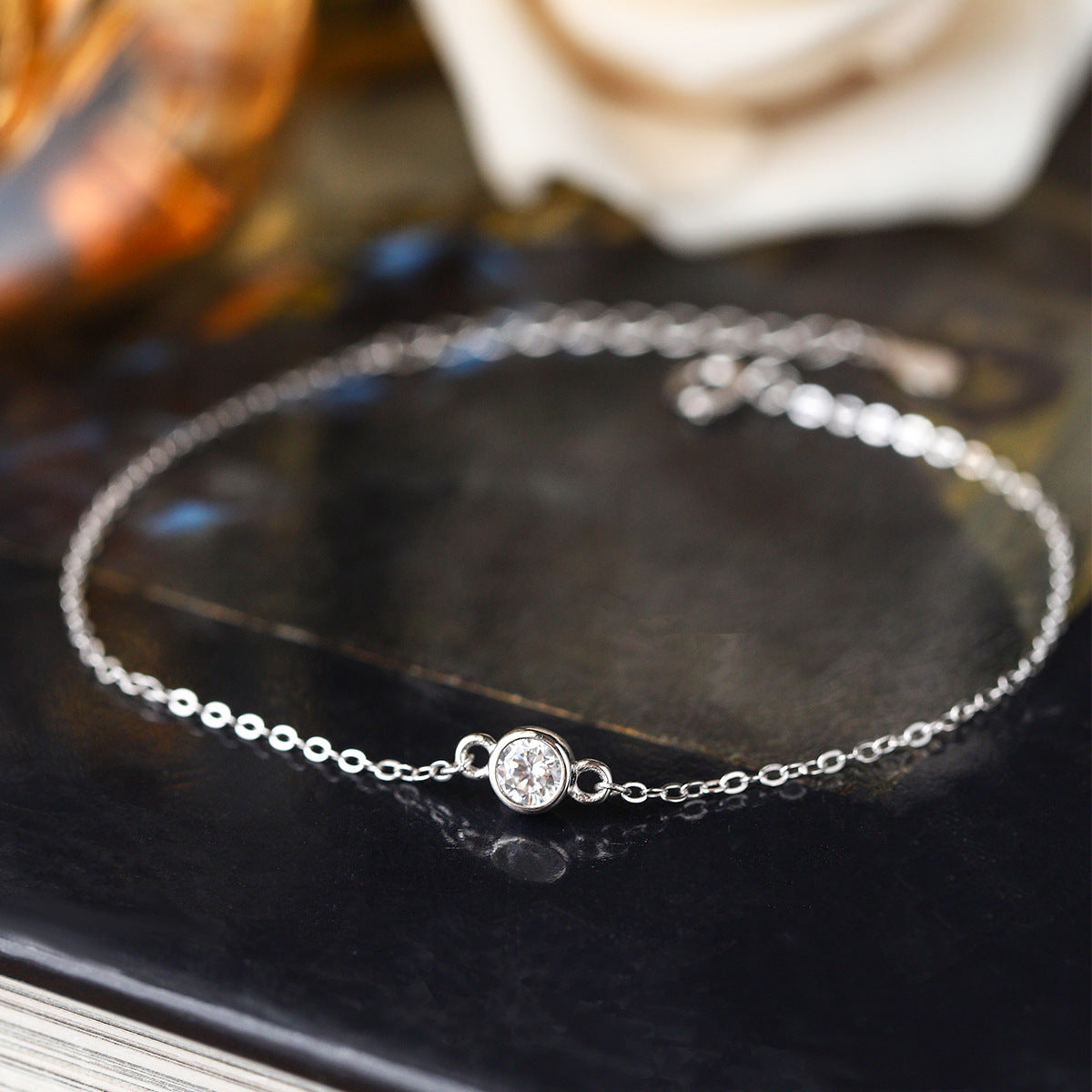 Sterling Silver Sparkling 5mm Solitaire Bracelet Adjustable S925 Hallmark