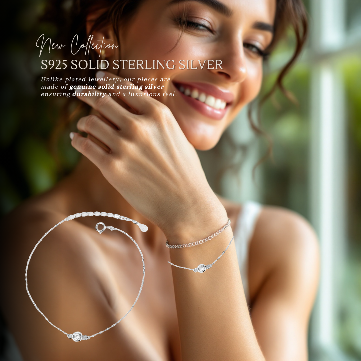 Sterling Silver Sparkling 5mm Solitaire Bracelet Adjustable S925 Hallmark