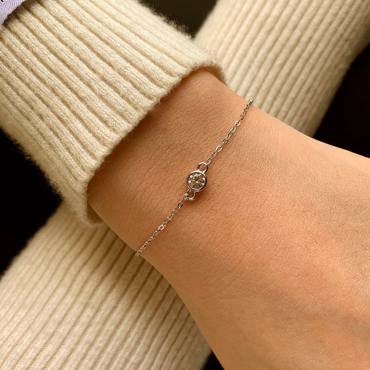 Sterling Silver Sparkling 5mm Solitaire Bracelet Adjustable S925 Hallmark