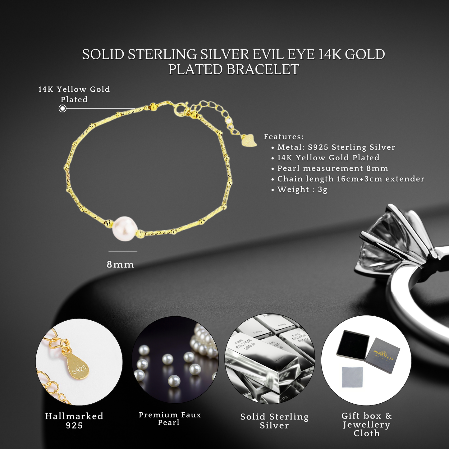 S925 Sterling Silver Pearl Bamboo 14K Gold Plated Bracelet