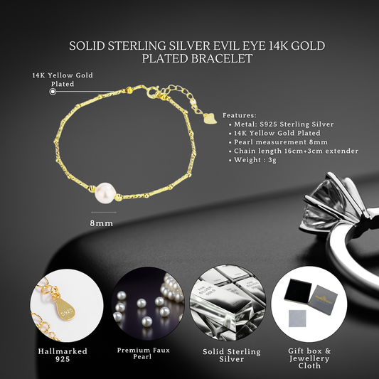 S925 Sterling Silver Pearl Bamboo 14K Gold Plated Bracelet