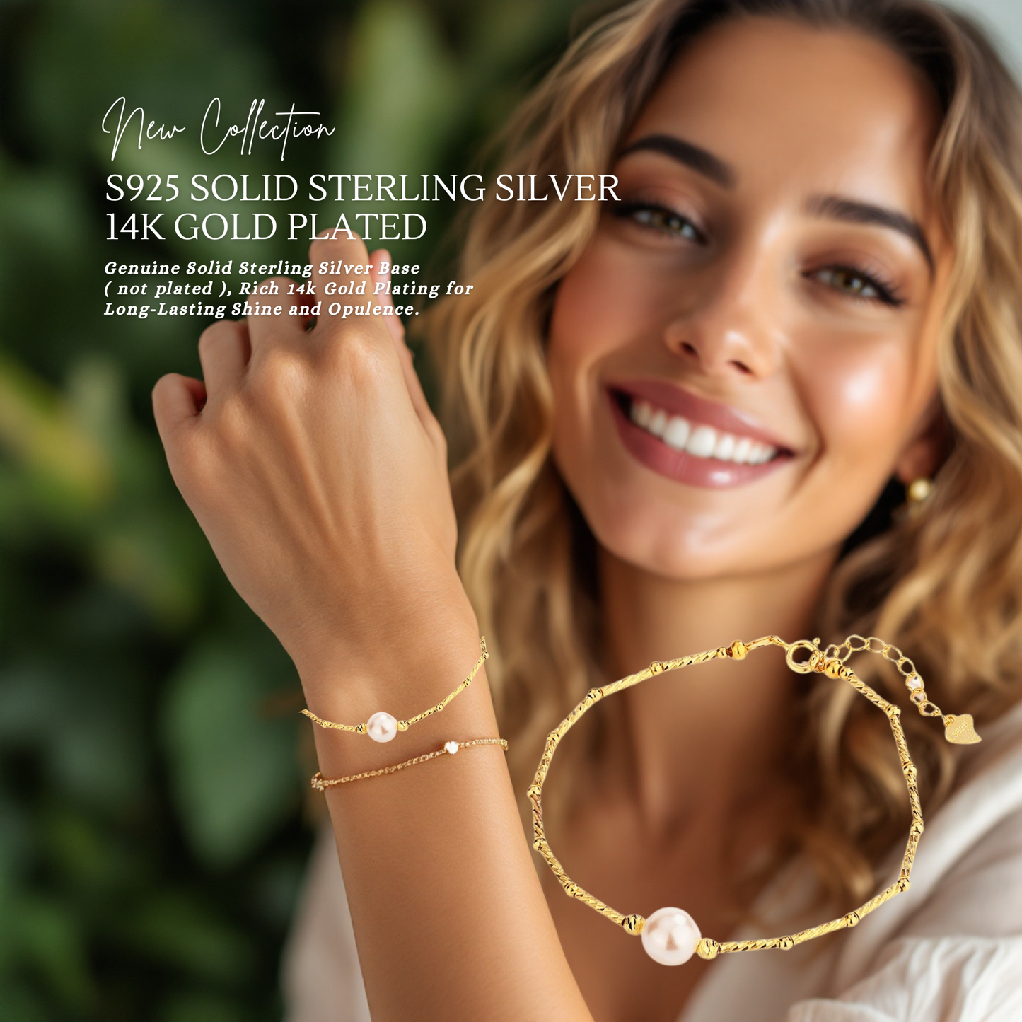 S925 Sterling Silver Pearl Bamboo 14K Gold Plated Bracelet