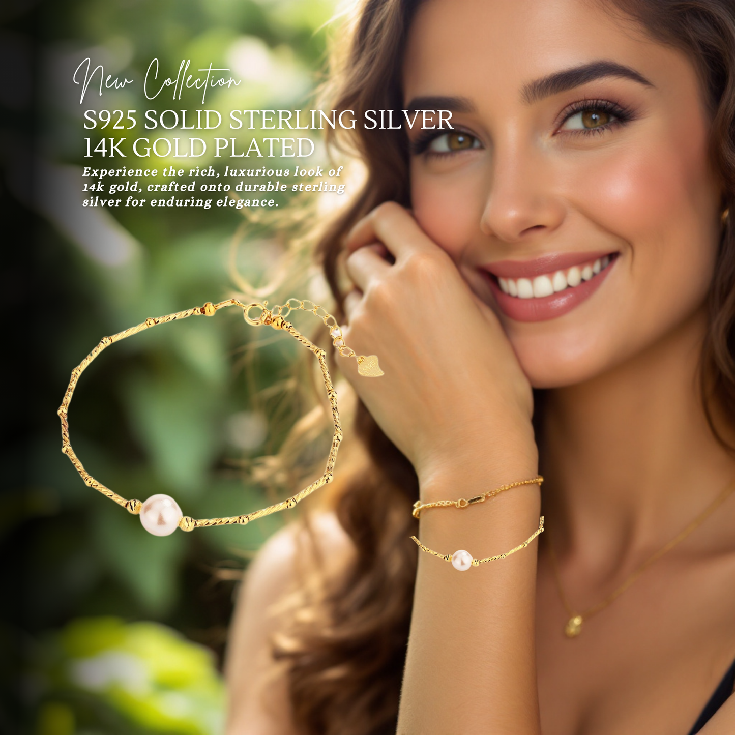 S925 Sterling Silver Pearl Bamboo 14K Gold Plated Bracelet