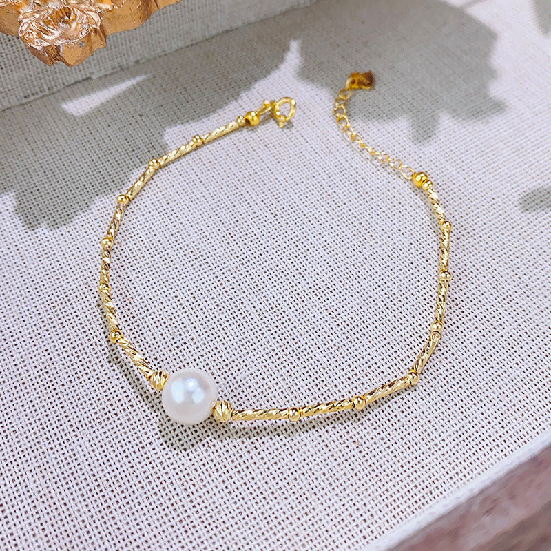 S925 Sterling Silver Pearl Bamboo 14K Gold Plated Bracelet