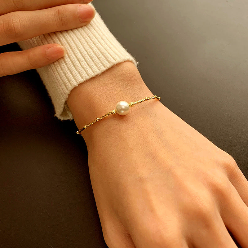 S925 Sterling Silver Pearl Bamboo 14K Gold Plated Bracelet