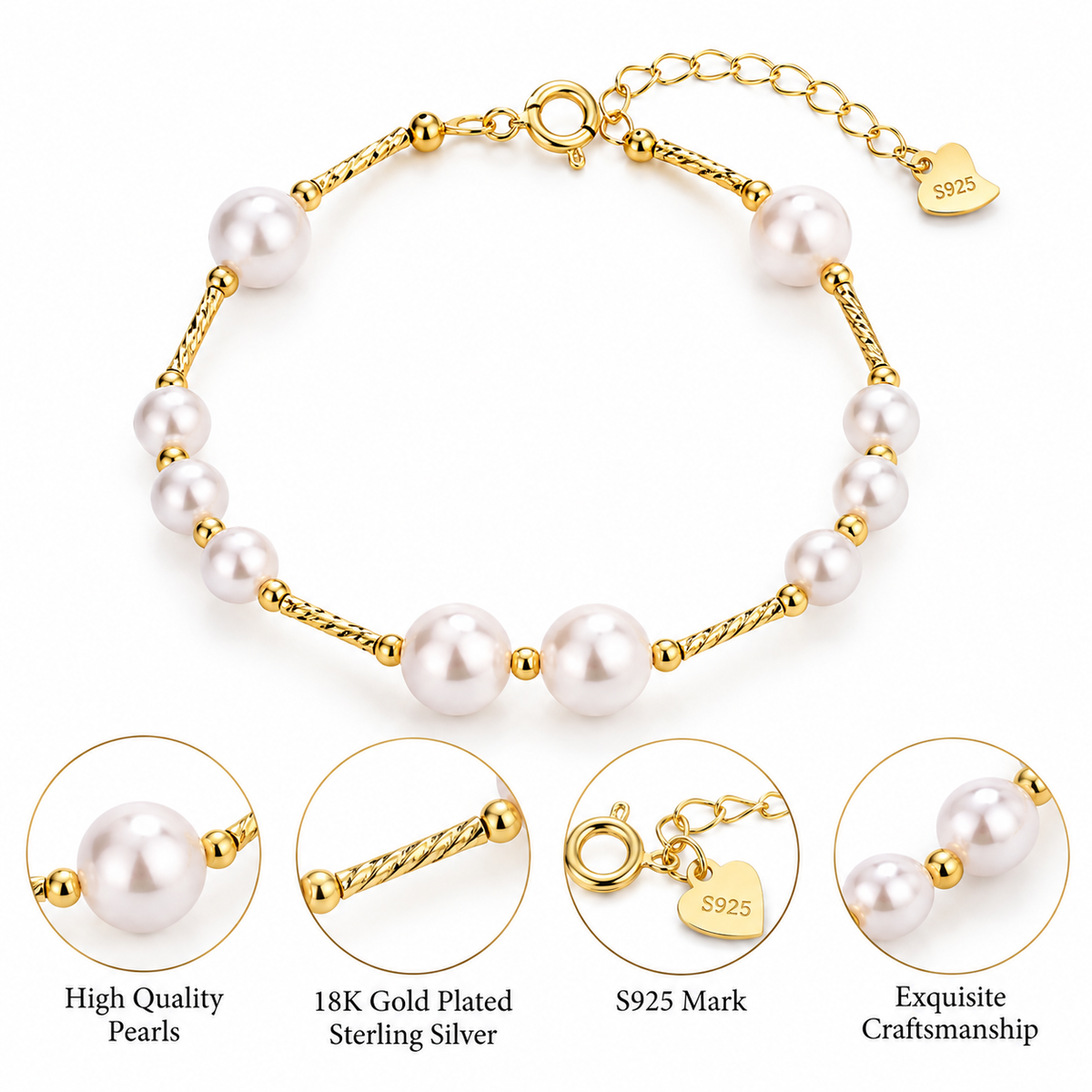 S925 Sterling Silver Classic Pearl Station 18K Gold Plated Bracelet