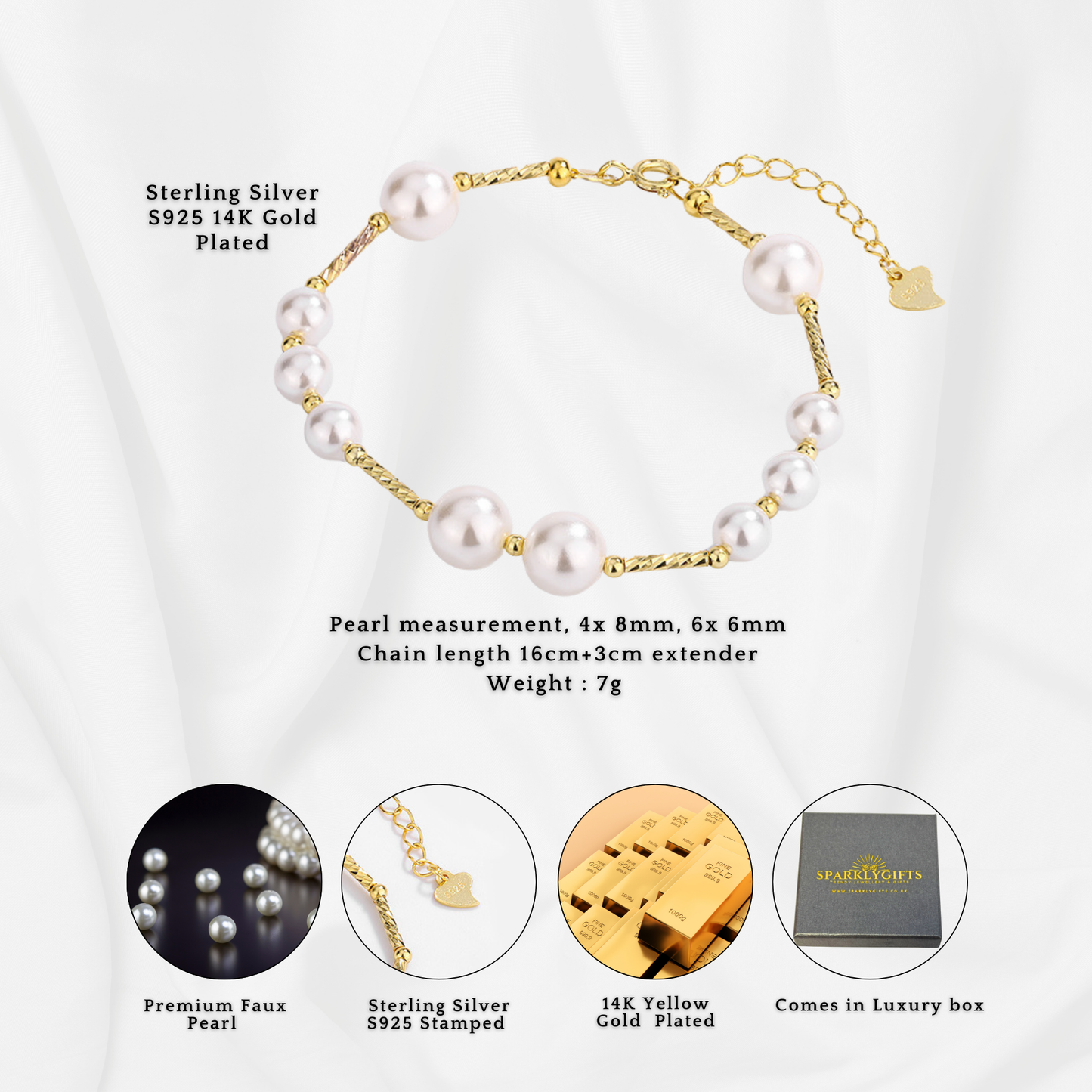 S925 Sterling Silver Classic Pearl Station 14K Gold Plated Bracelet