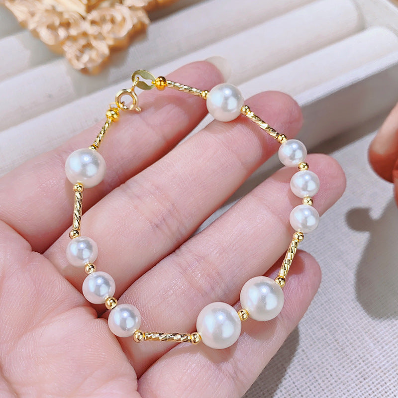 S925 Sterling Silver Classic Pearl Station 14K Gold Plated Bracelet