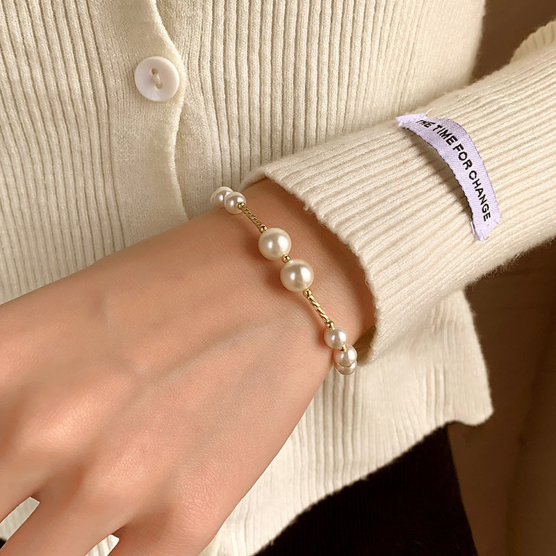 S925 Sterling Silver Classic Pearl Station 14K Gold Plated Bracelet