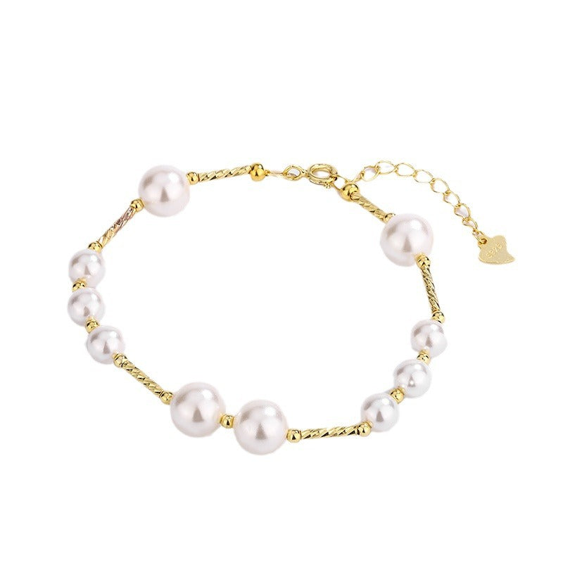 S925 Sterling Silver Classic Pearl Station 14K Gold Plated Bracelet