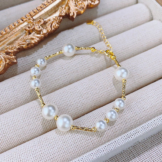 S925 Sterling Silver Classic Pearl Station 14K Gold Plated Bracelet