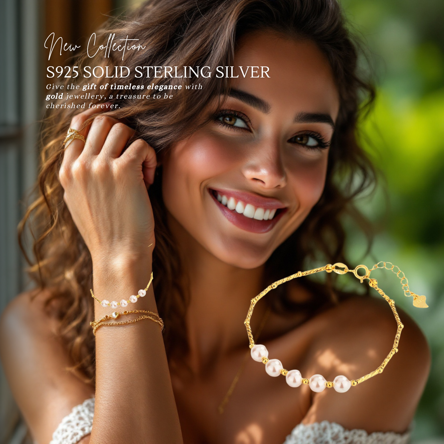 Sterling Silver Gold Bamboo & Lara Pearl 14K Gold Plated Bracelet