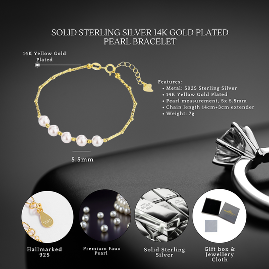 Sterling Silver Gold Bamboo & Lara Pearl 14K Gold Plated Bracelet