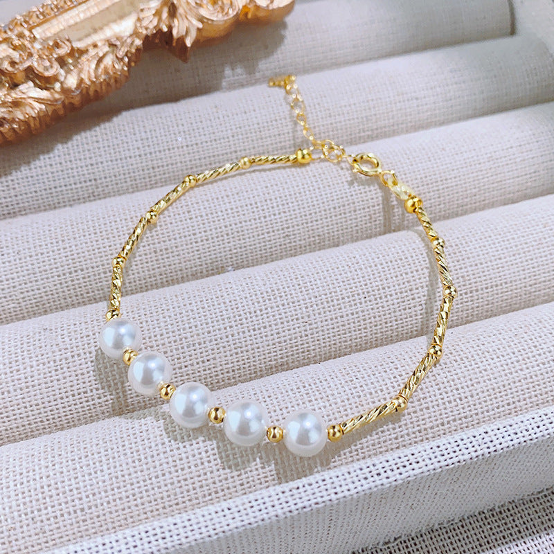 Sterling Silver Gold Bamboo & Lara Pearl 14K Gold Plated Bracelet