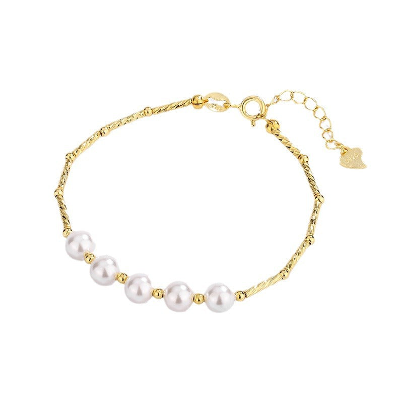 Sterling Silver Gold Bamboo & Lara Pearl 14K Gold Plated Bracelet