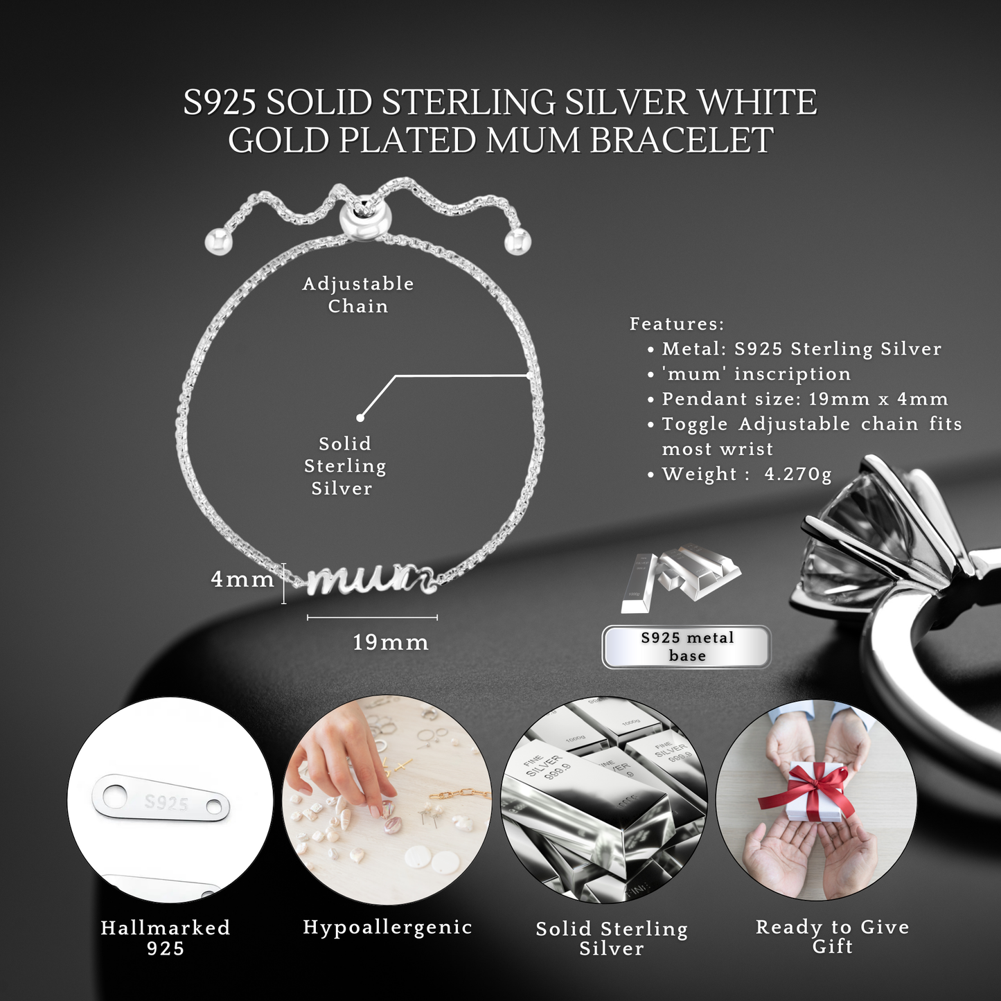 S925 Sterling Silver Mum Toggle Adjustable Bracelet with Message Card