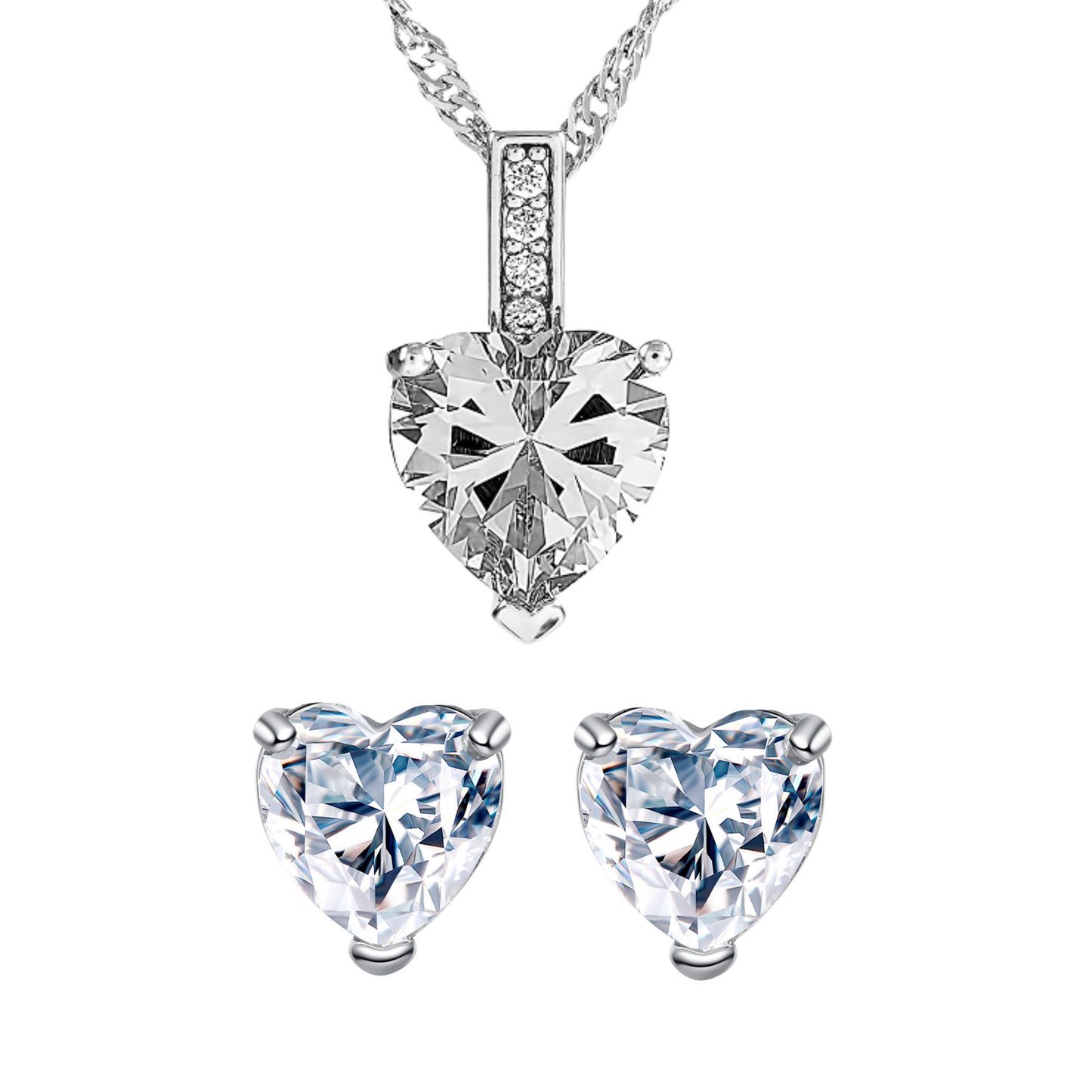 Sterling Silver Heart Zircon Pendant Necklace & Stud Earrings Set