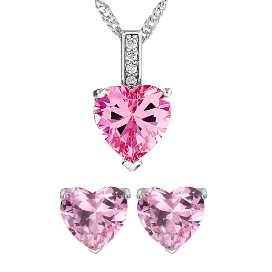 Sterling Silver Heart Zircon Pendant Necklace & Stud Earrings Set