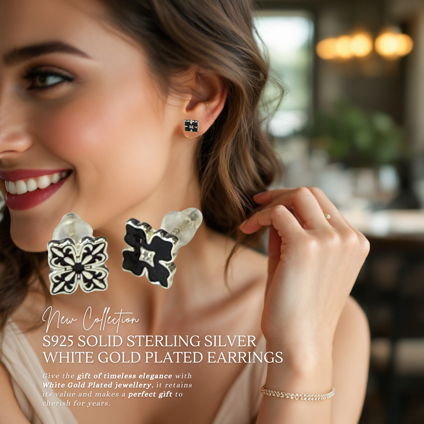 Sterling Silver Apotie Black Cléo Blossom Clover Stud Earrings S925 Hallmark