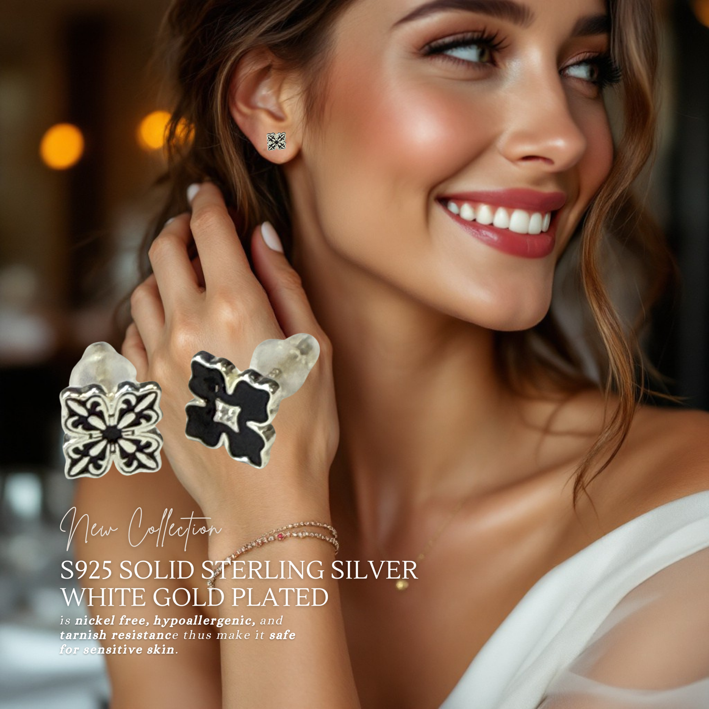 Sterling Silver Apotie Black Cléo Blossom Clover Stud Earrings S925 Hallmark