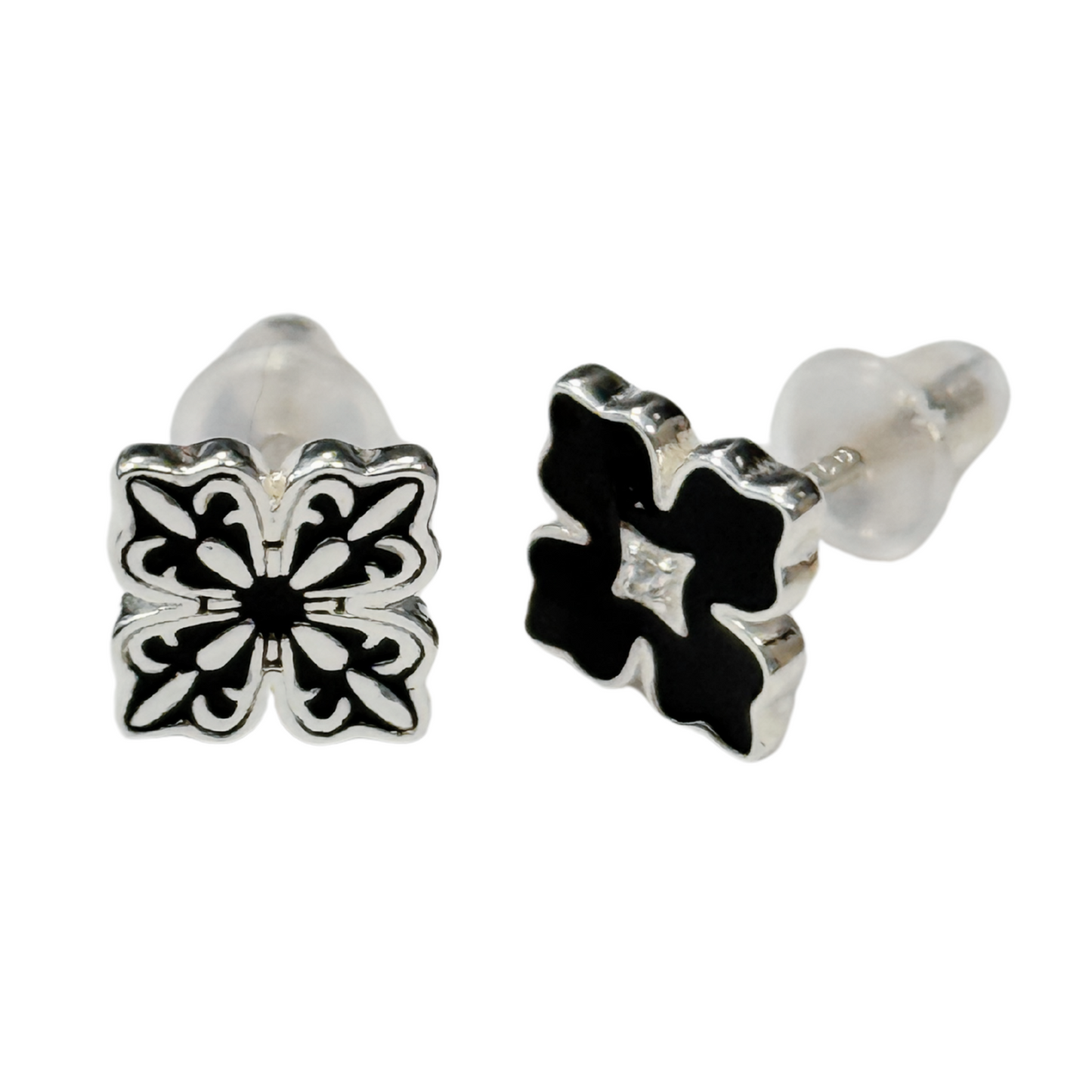 Sterling Silver Apotie Black Cléo Blossom Clover Stud Earrings S925 Hallmark