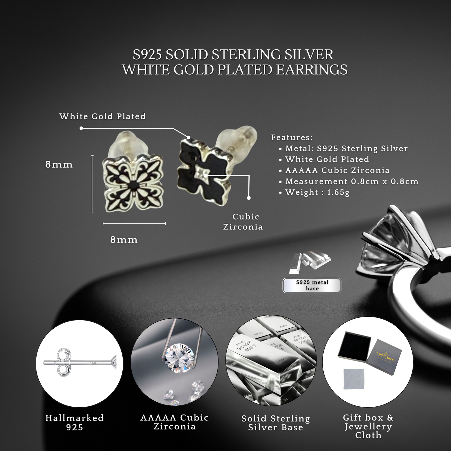 Sterling Silver Apotie Black Cléo Blossom Clover Stud Earrings S925 Hallmark