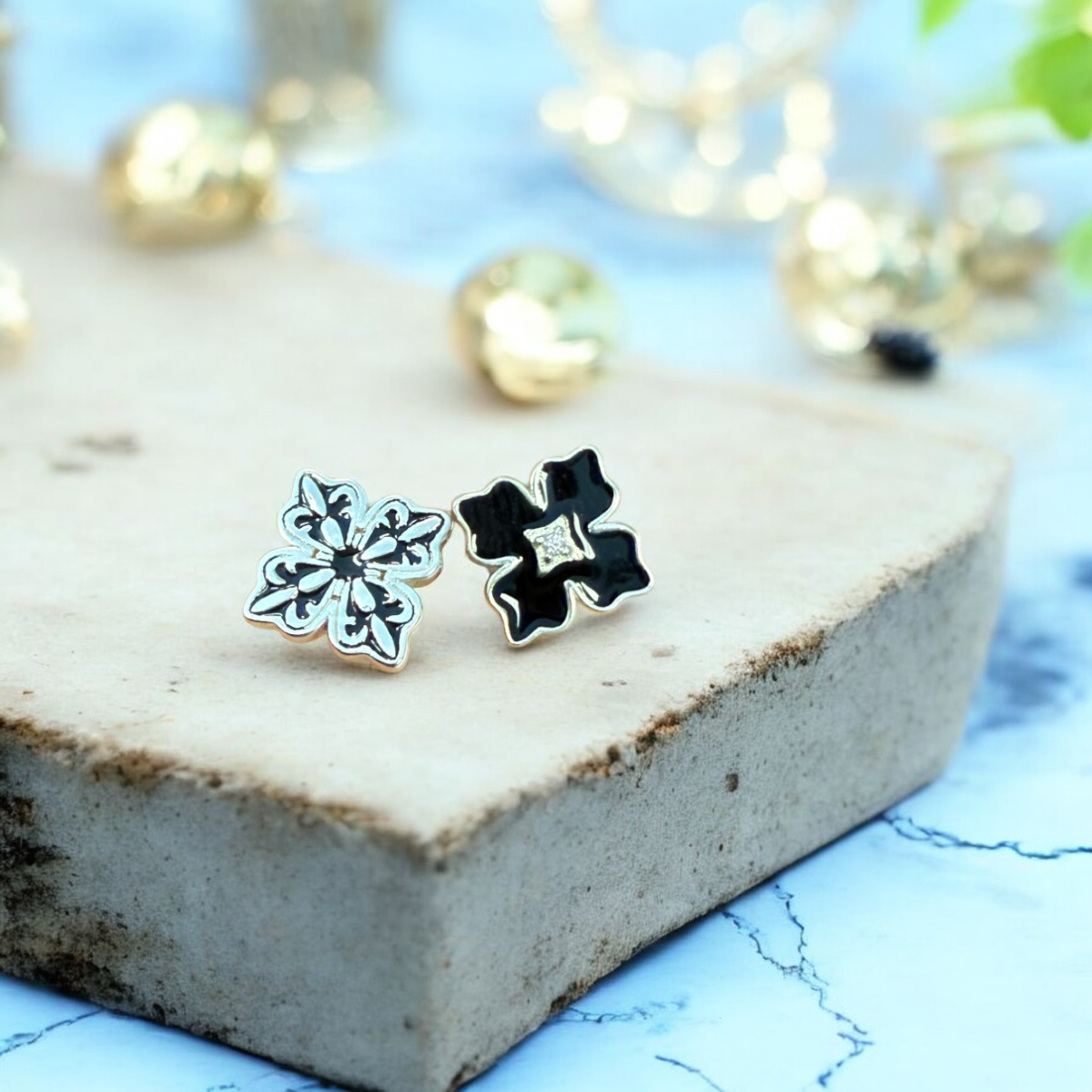 Sterling Silver Apotie Black Cléo Blossom Clover Stud Earrings S925 Hallmark