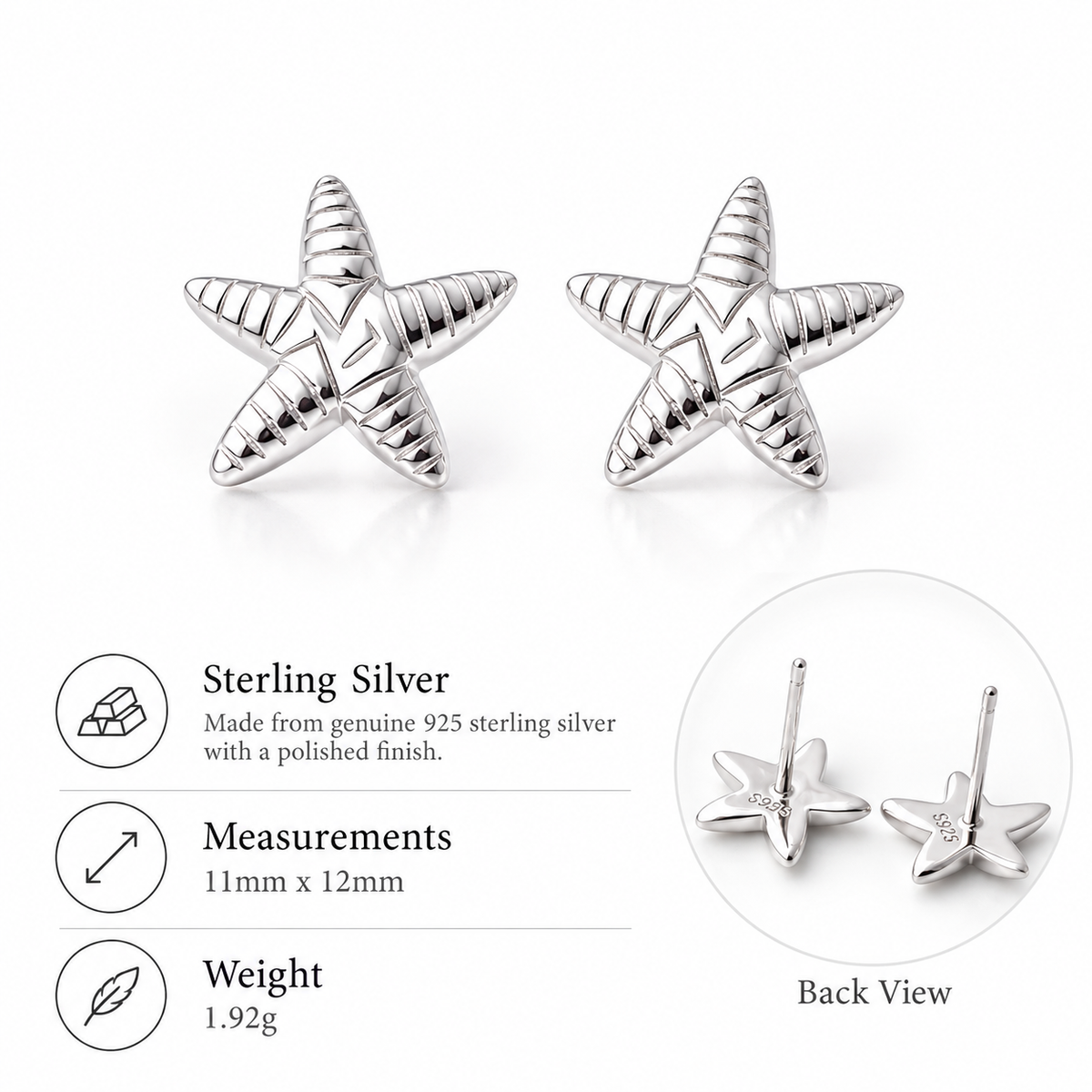 Sterling Silver Starfish Stud Earrings Solid S925 Hallmark