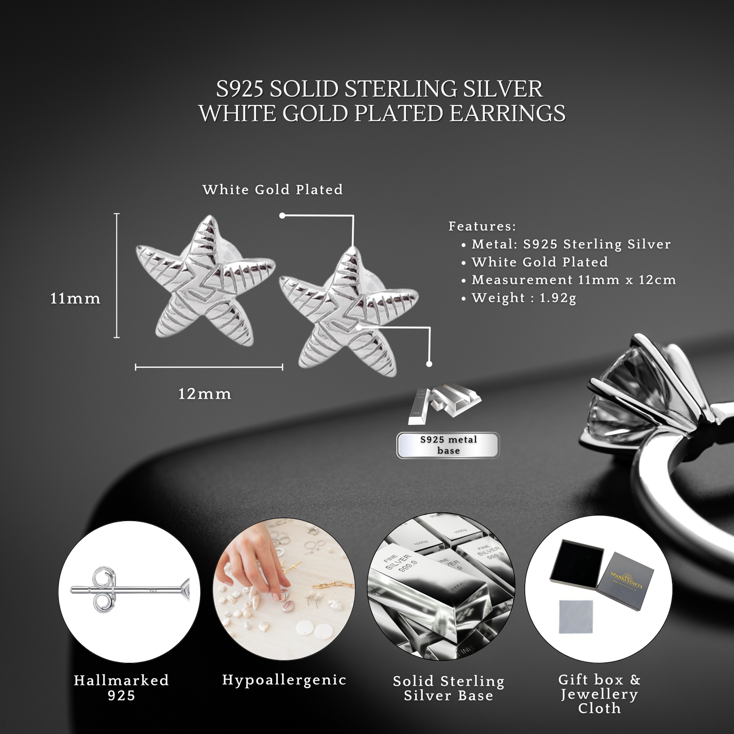 Sterling Silver Starfish Stud Earrings Solid S925 Hallmark
