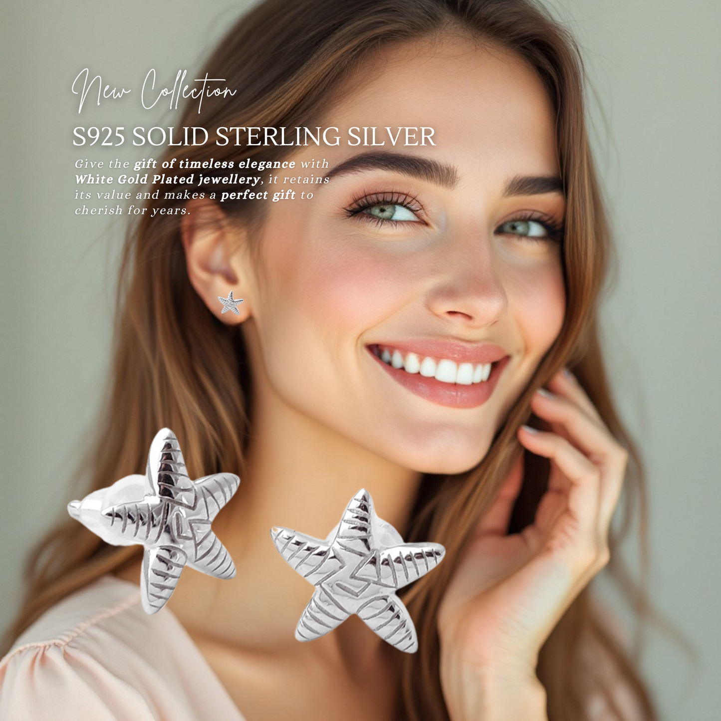 Sterling Silver Starfish Stud Earrings Solid S925 Hallmark