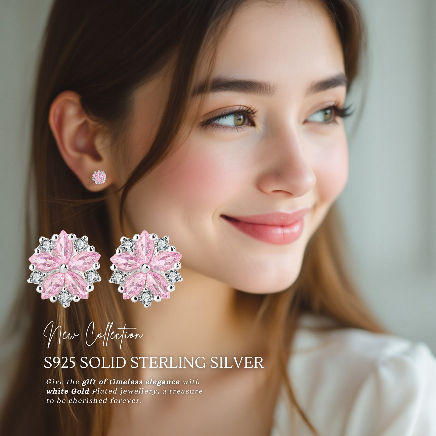 S925 Sterling Silver Pink Flower Stud Earrings