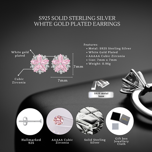 S925 Sterling Silver Pink Flower Stud Earrings
