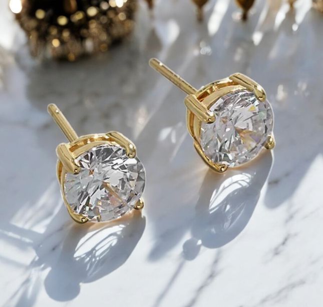 S925 Sterling Silver CZ Stud Earrings 14K Yellow Gold Plated 3.5mm