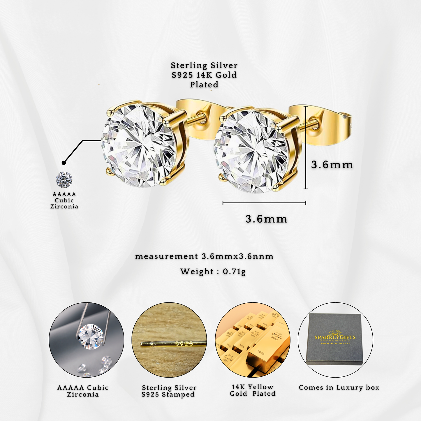 S925 Sterling Silver CZ Stud Earrings 14K Yellow Gold Plated 3.5mm