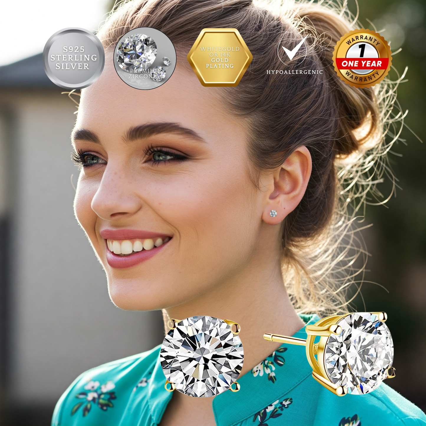S925 Sterling Silver CZ Stud Earrings 14K Yellow Gold Plated 3.5mm