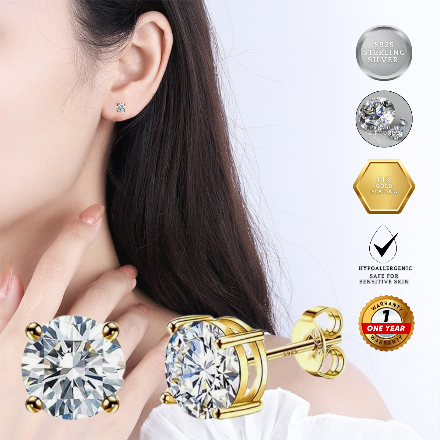 S925 Sterling Silver CZ Stud Earrings 14K Yellow Gold Plated 3.5mm