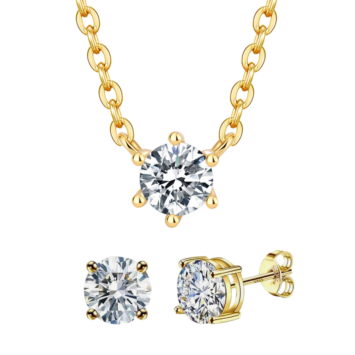 Sterling Silver Necklace and Stud Earring Set 14K Yellow Gold Plated