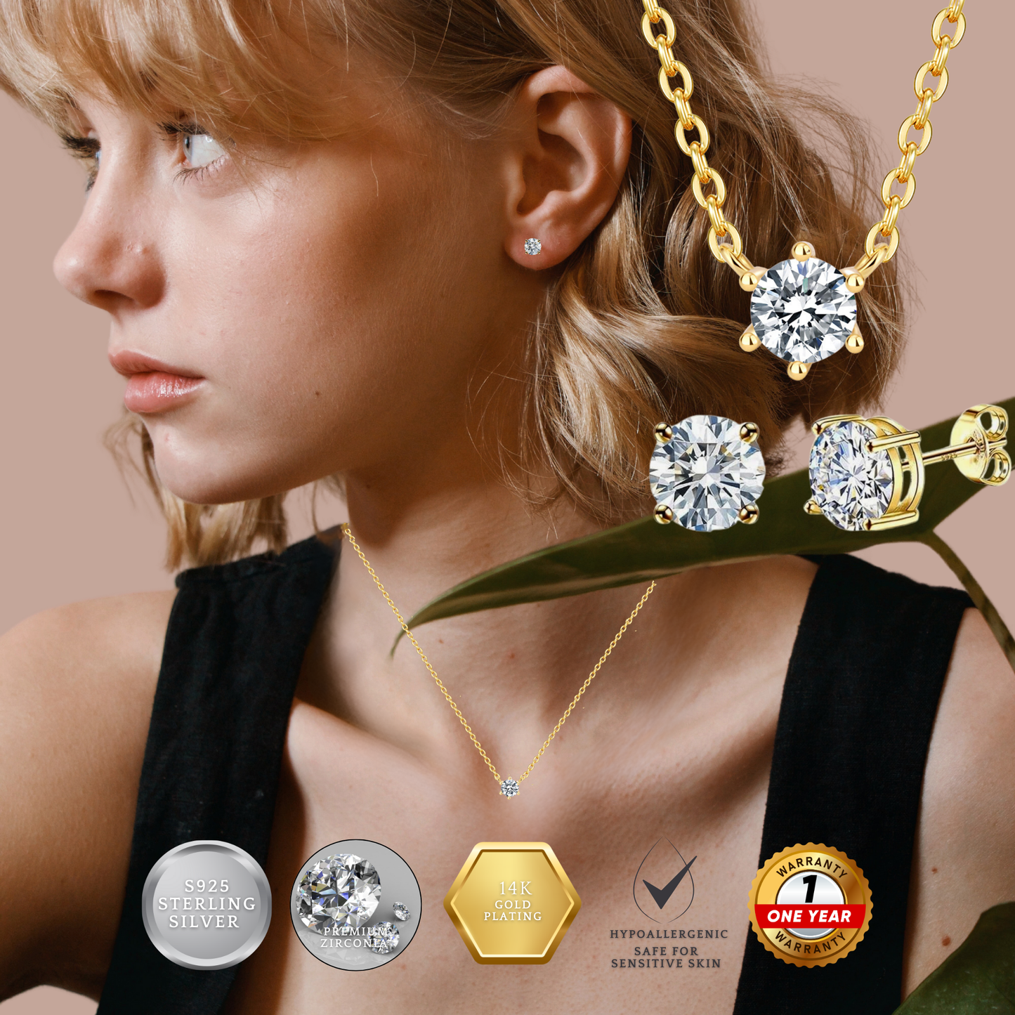 Sterling Silver Necklace and Stud Earring Set 14K Yellow Gold Plated