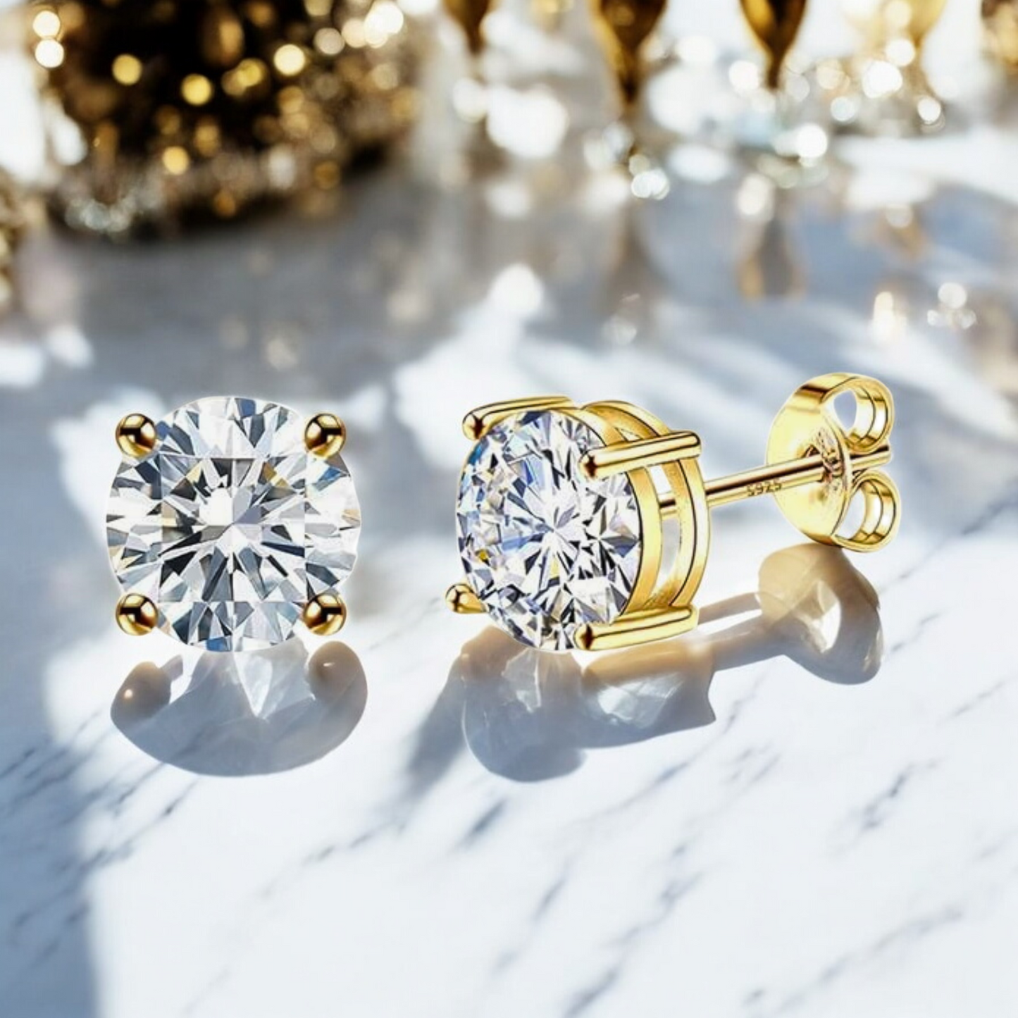 S925 Sterling Silver CZ Stud Earrings 14K Yellow Gold Plated 3.5mm
