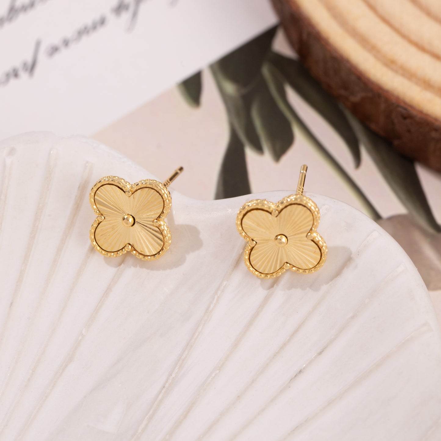 S925 Sterling Silver Clover Four Leaf Earrings White Gold 14K Yellow Gold Plated