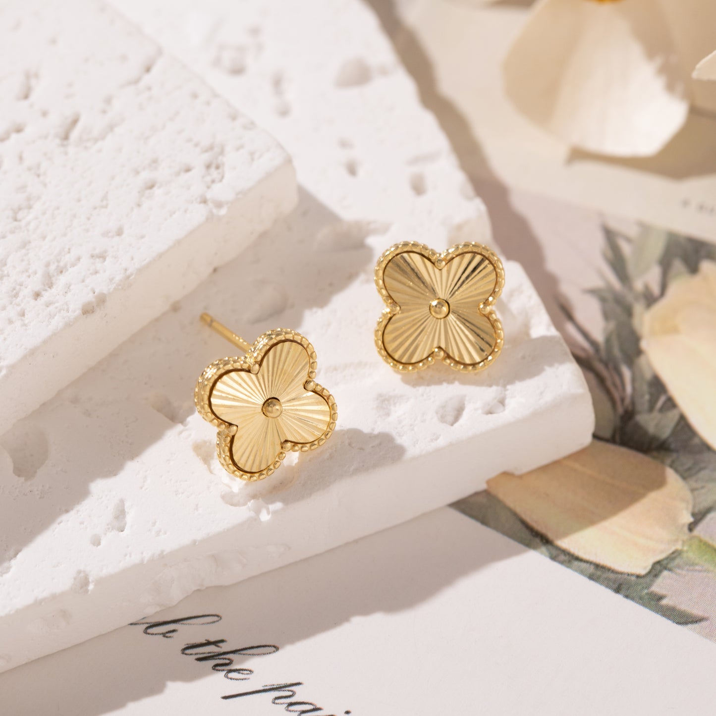 S925 Sterling Silver Clover Four Leaf Earrings White Gold 14K Yellow Gold Plated