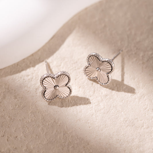 S925 Sterling Silver Clover Four Leaf Earrings White Gold 14K Yellow Gold Plated