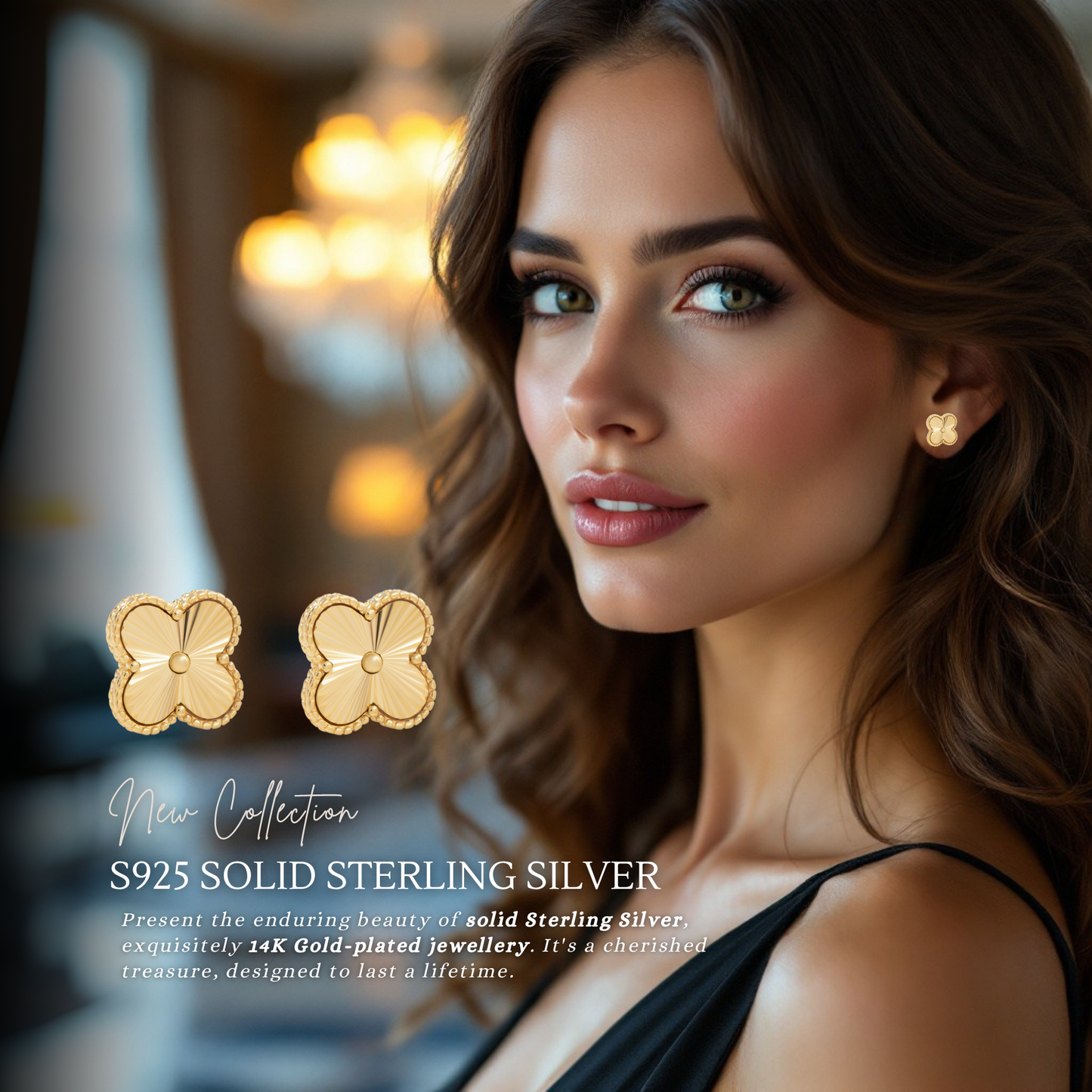 S925 Sterling Silver Clover Four Leaf Earrings White Gold 14K Yellow Gold Plated