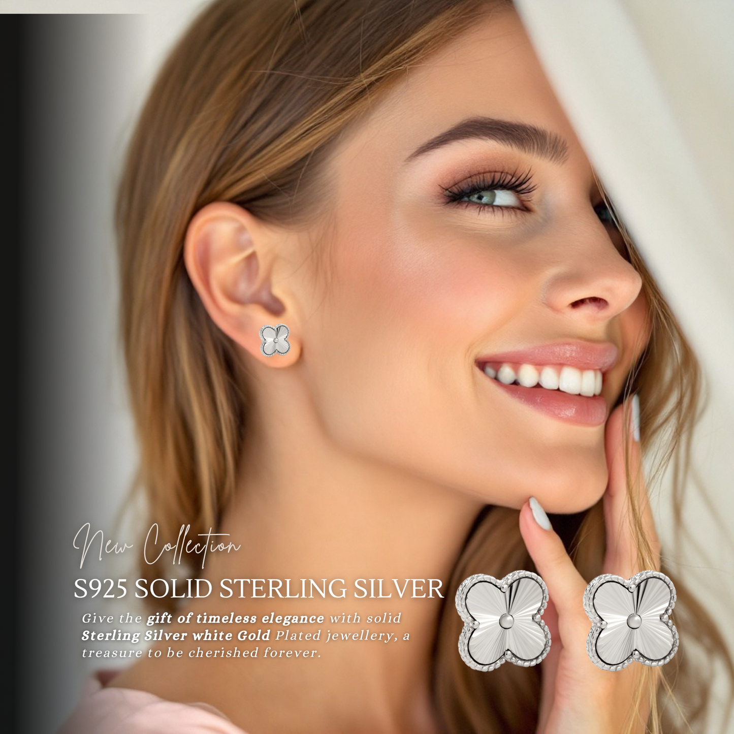 S925 Sterling Silver Clover Four Leaf Earrings White Gold 14K Yellow Gold Plated